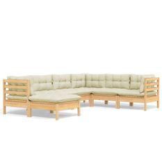 Salon de jardin 7 pcs avec coussins crème Bois de pin solide