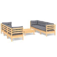 Salon de jardin 7 pcs avec coussins gris Bois de pin