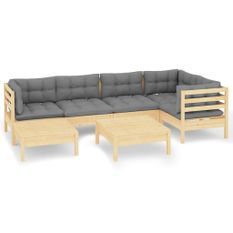 Salon de jardin 7 pcs avec coussins gris Bois de pin massif 5