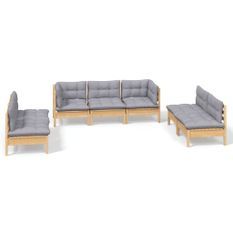 Salon de jardin 7 pcs avec coussins gris Bois de pin massif