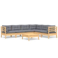 Salon de jardin 7 pcs avec coussins gris Bois de pin solide 2