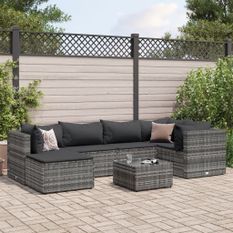 Salon de jardin 7 pcs avec coussins Gris Résine tressée