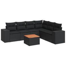 Salon de jardin 7 pcs avec coussins noir résine tressée