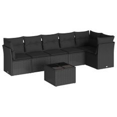Salon de jardin 7 pcs avec coussins noir résine tressée