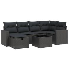 Salon de jardin 7 pcs avec coussins noir résine tressée