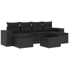 Salon de jardin 7 pcs avec coussins noir résine tressée