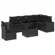 Salon de jardin 7 pcs avec coussins noir résine tressée