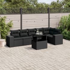 Salon de jardin 7 pcs avec coussins noir résine tressée