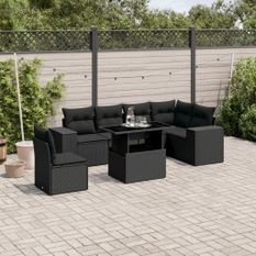 Salon de jardin 7 pcs avec coussins noir résine tressée