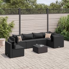 Salon de jardin 7 pcs avec coussins Noir Résine tressée