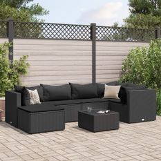 Salon de jardin 7 pcs avec coussins Noir Résine tressée