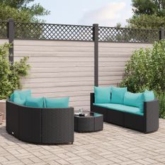 Salon de jardin 7 pcs avec coussins noir résine tressée