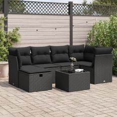 Salon de jardin 7 pcs avec coussins noir résine tressée