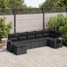 Salon de jardin 7 pcs avec coussins noir résine tressée