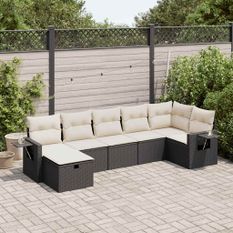 Salon de jardin 7 pcs avec coussins noir résine tressée