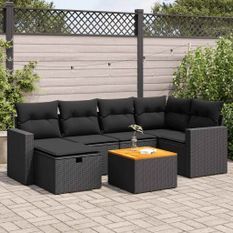 Salon de jardin 7 pcs avec coussins noir résine tressée