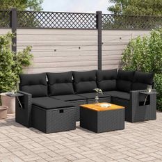 Salon de jardin 7 pcs avec coussins noir résine tressée