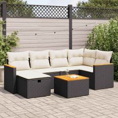 Salon de jardin 7 pcs avec coussins noir résine tressée