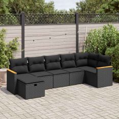 Salon de jardin 7 pcs avec coussins noir résine tressée