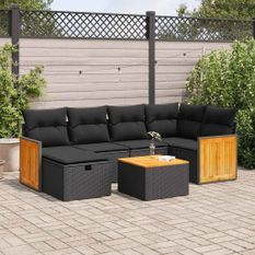 Salon de jardin 7 pcs avec coussins noir résine tressée