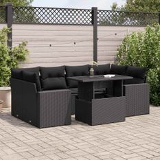 Salon de jardin 7 pcs avec coussins noir résine tressée