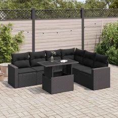 Salon de jardin 7 pcs avec coussins noir résine tressée