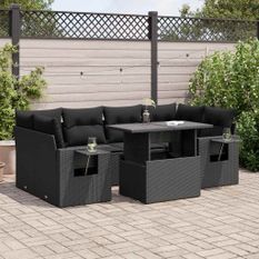 Salon de jardin 7 pcs avec coussins noir résine tressée