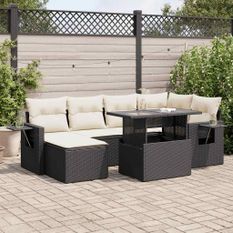 Salon de jardin 7 pcs avec coussins noir résine tressée