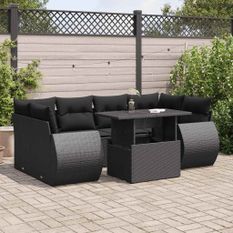 Salon de jardin 7 pcs avec coussins noir résine tressée