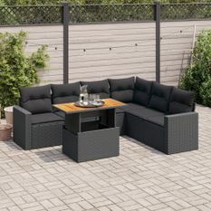 Salon de jardin 7 pcs avec coussins noir résine tressée