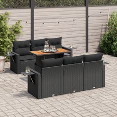 Salon de jardin 7 pcs avec coussins noir résine tressée