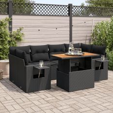 Salon de jardin 7 pcs avec coussins noir résine tressée