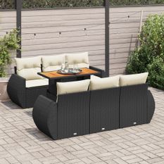 Salon de jardin 7 pcs avec coussins noir résine tressée