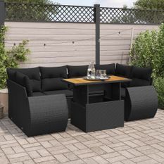 Salon de jardin 7 pcs avec coussins noir résine tressée