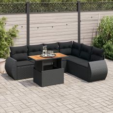 Salon de jardin 7 pcs avec coussins noir résine tressée