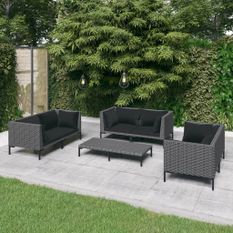 Salon de jardin 7 pcs avec coussins Résine tressée Gris foncé