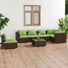 Salon de jardin 7 pcs avec coussins Résine tressée Marron