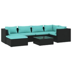 Salon de jardin 7 pcs avec coussins Résine tressée Noir 26