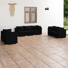 Salon de jardin 7 pcs avec coussins Résine tressée Noir