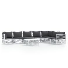 Salon de jardin 8 pcs avec coussins blanc acier