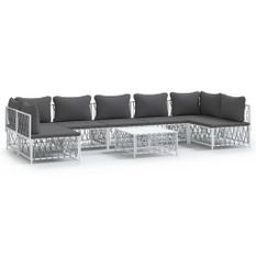 Salon de jardin 8 pcs avec coussins blanc acier
