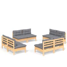 Salon de jardin 8 pcs avec coussins gris Bois de pin