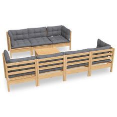 Salon de jardin 8 pcs avec coussins gris Bois de pin massif