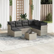 Salon de jardin 8 pcs avec coussins gris clair résine tressée