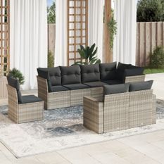 Salon de jardin 8 pcs avec coussins gris clair résine tressée