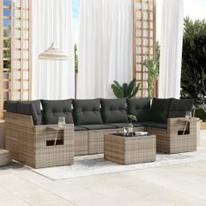 Salon de jardin 8 pcs avec coussins gris clair résine tressée