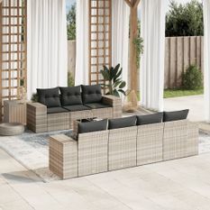 Salon de jardin 8 pcs avec coussins gris clair résine tressée