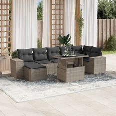 Salon de jardin 8 pcs avec coussins gris clair résine tressée