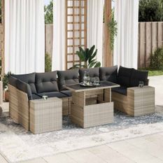 Salon de jardin 8 pcs avec coussins gris clair résine tressée