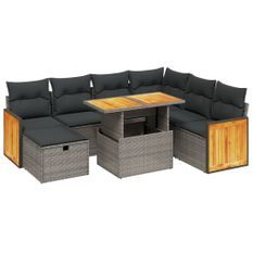 Salon de jardin 8 pcs avec coussins gris résine tressée